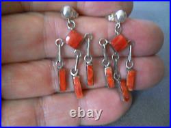 Native American Navajo Geometrical Coral Sterling Silver Chandelier Earrings