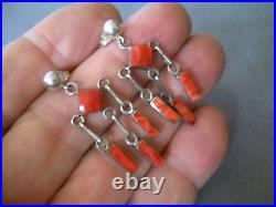 Native American Navajo Geometrical Coral Sterling Silver Chandelier Earrings