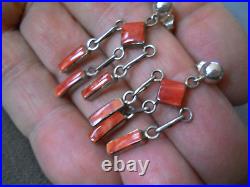 Native American Navajo Geometrical Coral Sterling Silver Chandelier Earrings