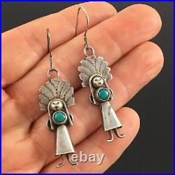 Native American Navajo Handmade Sterling Silver & Turquoise Kachina Earrings