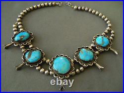 Native American Navajo Large Bisbee Turquoise Sterling Silver Bead Necklace 93g