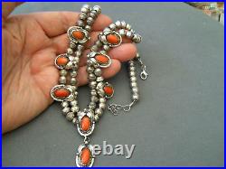 Native American Navajo Orange Coral Sterling Silver DoubleStranded Bead Necklace