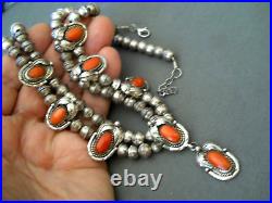 Native American Navajo Orange Coral Sterling Silver DoubleStranded Bead Necklace