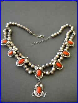 Native American Navajo Orange Coral Sterling Silver DoubleStranded Bead Necklace