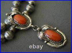 Native American Navajo Orange Coral Sterling Silver DoubleStranded Bead Necklace