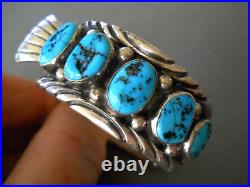 Native American Navajo Rich Blue Turquoise Row Sterling Silver Watch Bracelet