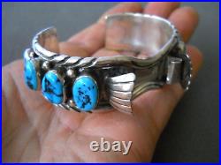 Native American Navajo Rich Blue Turquoise Row Sterling Silver Watch Bracelet