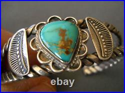 Native American Navajo Royston Turquoise Sterling Silver Stamped Rope Bracelet