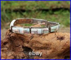 Native American Navajo Sterling Silver Opal Inlay Link Bracelet Signed D