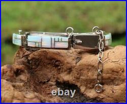 Native American Navajo Sterling Silver Opal Inlay Link Bracelet Signed D