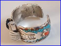 Native American Navajo Sterling Silver Turquoise&red Coral Watch Bracelet