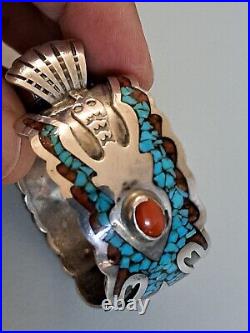 Native American Navajo Sterling Silver Turquoise&red Coral Watch Bracelet