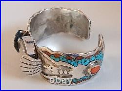 Native American Navajo Sterling Silver Turquoise&red Coral Watch Bracelet