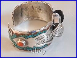 Native American Navajo Sterling Silver Turquoise&red Coral Watch Bracelet