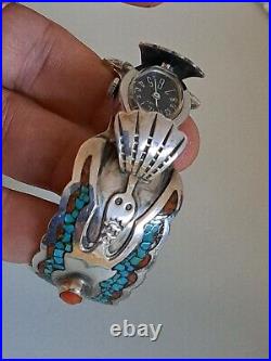 Native American Navajo Sterling Silver Turquoise&red Coral Watch Bracelet