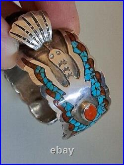 Native American Navajo Sterling Silver Turquoise&red Coral Watch Bracelet