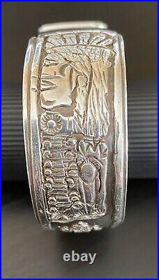 Native American Navajo Storyteller Silver Cuff Bracelet Signed Victor Hicks