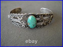 Native American Navajo Turquoise Sterling Silver Stamps /Dog Repousse Bracelet