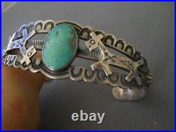 Native American Navajo Turquoise Sterling Silver Stamps /Dog Repousse Bracelet