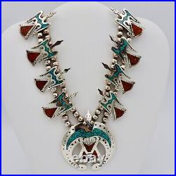 Native American Peyote Bird necklace of Sterling Silver, Turquoise & Coral Inlay