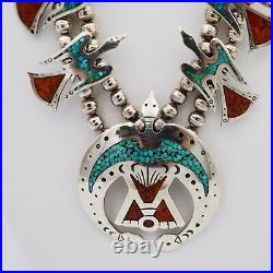 Native American Peyote Bird necklace of Sterling Silver, Turquoise & Coral Inlay