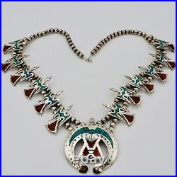 Native American Peyote Bird necklace of Sterling Silver, Turquoise & Coral Inlay