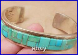 Native American STAMPED ARTIST Sterling Silver Turquoise Inlay Cuff Bracelet