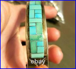 Native American STAMPED ARTIST Sterling Silver Turquoise Inlay Cuff Bracelet