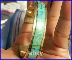 Native American STAMPED ARTIST Sterling Silver Turquoise Inlay Cuff Bracelet