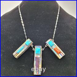 Native American Santo Domingo Silver Multi Stone Pendant Necklace -Henry Rosetta