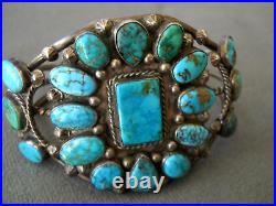 Native American Spiderweb Turquoise Flower Cluster Sterling Silver Cuff Bracelet