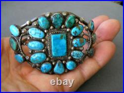 Native American Spiderweb Turquoise Flower Cluster Sterling Silver Cuff Bracelet