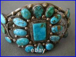 Native American Spiderweb Turquoise Flower Cluster Sterling Silver Cuff Bracelet