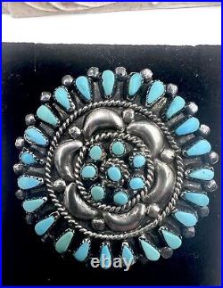 Native American Sterling Silver Brooch Cluster Flower Turquoise ZUNI 1940s B/L