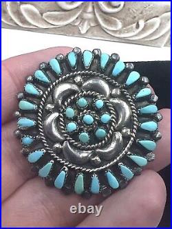 Native American Sterling Silver Brooch Cluster Flower Turquoise ZUNI 1940s B/L