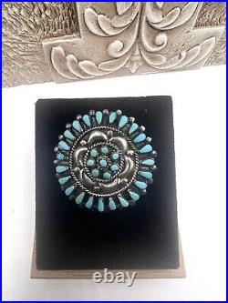 Native American Sterling Silver Brooch Cluster Flower Turquoise ZUNI 1940s B/L