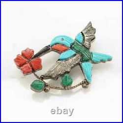 Native American Sterling Silver Brooch Hummingbird Turquoise, Coral Inlay