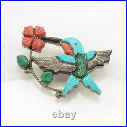 Native American Sterling Silver Brooch Hummingbird Turquoise, Coral Inlay