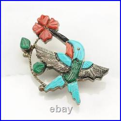 Native American Sterling Silver Brooch Hummingbird Turquoise, Coral Inlay