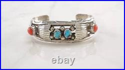 Native American Sterling Silver Cuff Bracelet Blue, Orange Turquoise Coral