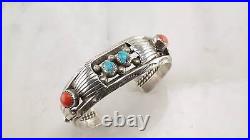 Native American Sterling Silver Cuff Bracelet Blue, Orange Turquoise Coral