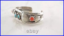 Native American Sterling Silver Cuff Bracelet Blue, Orange Turquoise Coral