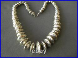 Native American Sterling Silver Navajo Stamped Saucer Pearls Bead Necklace 157g