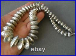 Native American Sterling Silver Navajo Stamped Saucer Pearls Bead Necklace 157g