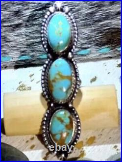 Native American Sterling Silver & Royston Turquoise Totem Ring Signed Adjustable