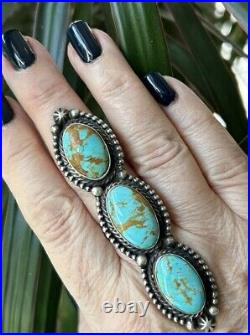 Native American Sterling Silver & Royston Turquoise Totem Ring Signed Adjustable