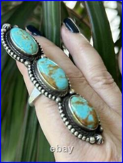 Native American Sterling Silver & Royston Turquoise Totem Ring Signed Adjustable