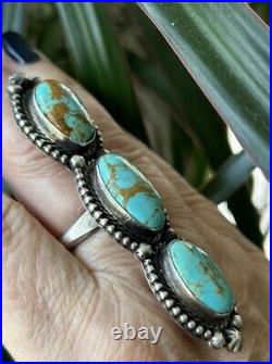 Native American Sterling Silver & Royston Turquoise Totem Ring Signed Adjustable