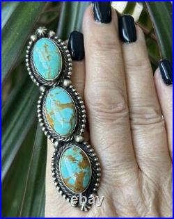 Native American Sterling Silver & Royston Turquoise Totem Ring Signed Adjustable