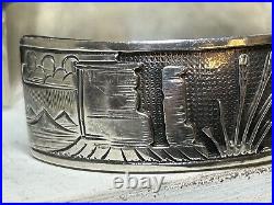 Native American Sterling Silver Story Cuff Bracelet Navajo Teepee Buffalo Horse